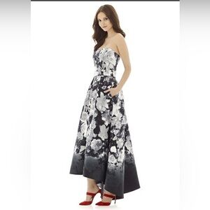 ALFRED SUNG BOHEMIAN FLORAL HI LOW BLACK WHITE GRAY STRAPLESS GOWN SIZE 8